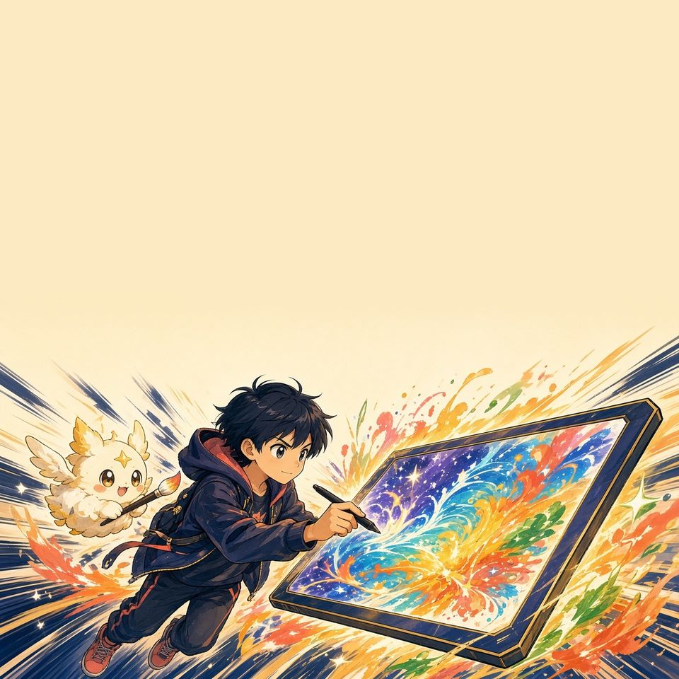 一位少年和友善的 AI 小精靈一起在發光的畫板上作畫 · A young hero and a friendly AI sidekick painting on a glowing canvas